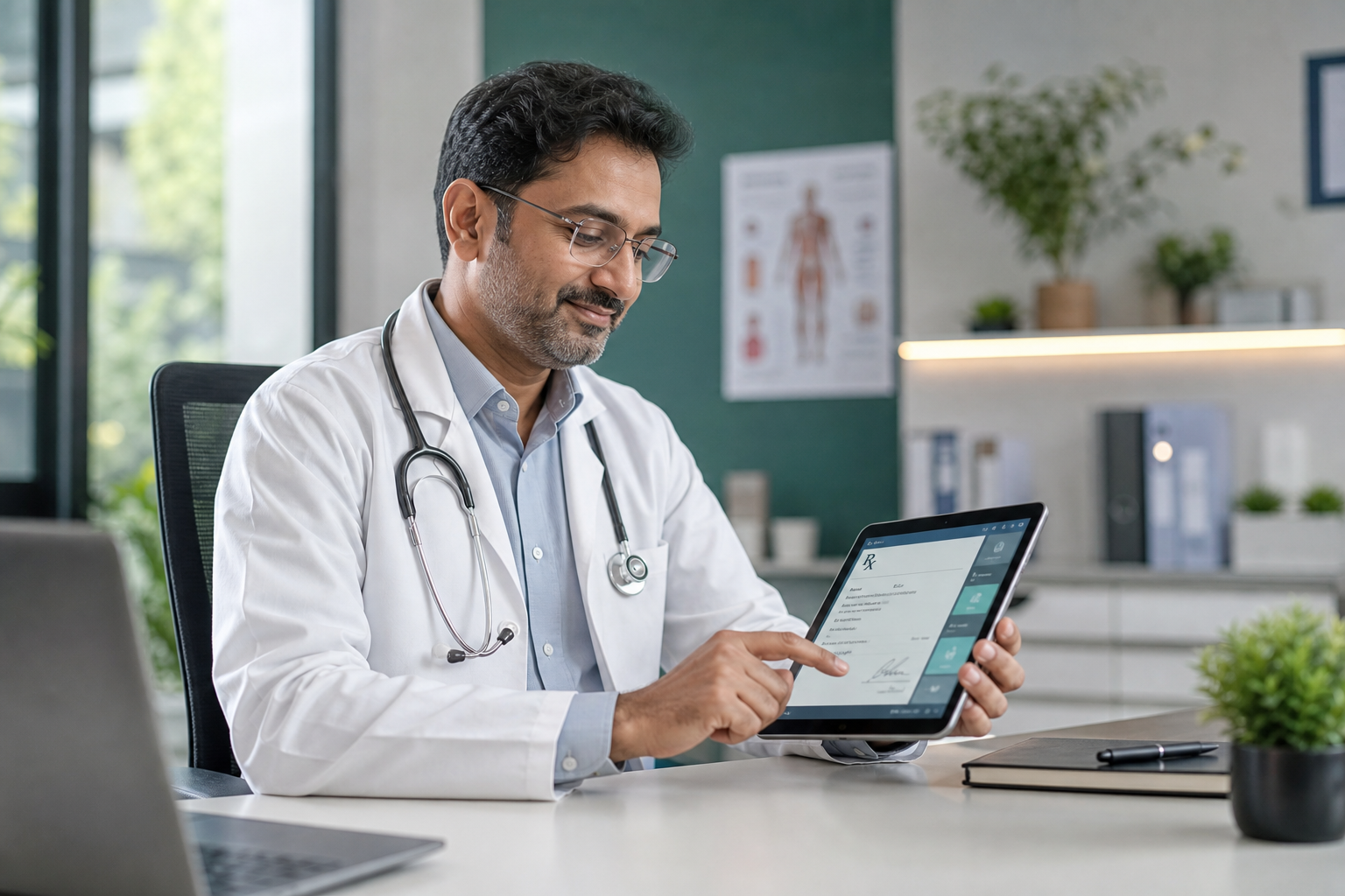Doctor using Upchar Setu at clinic desk
